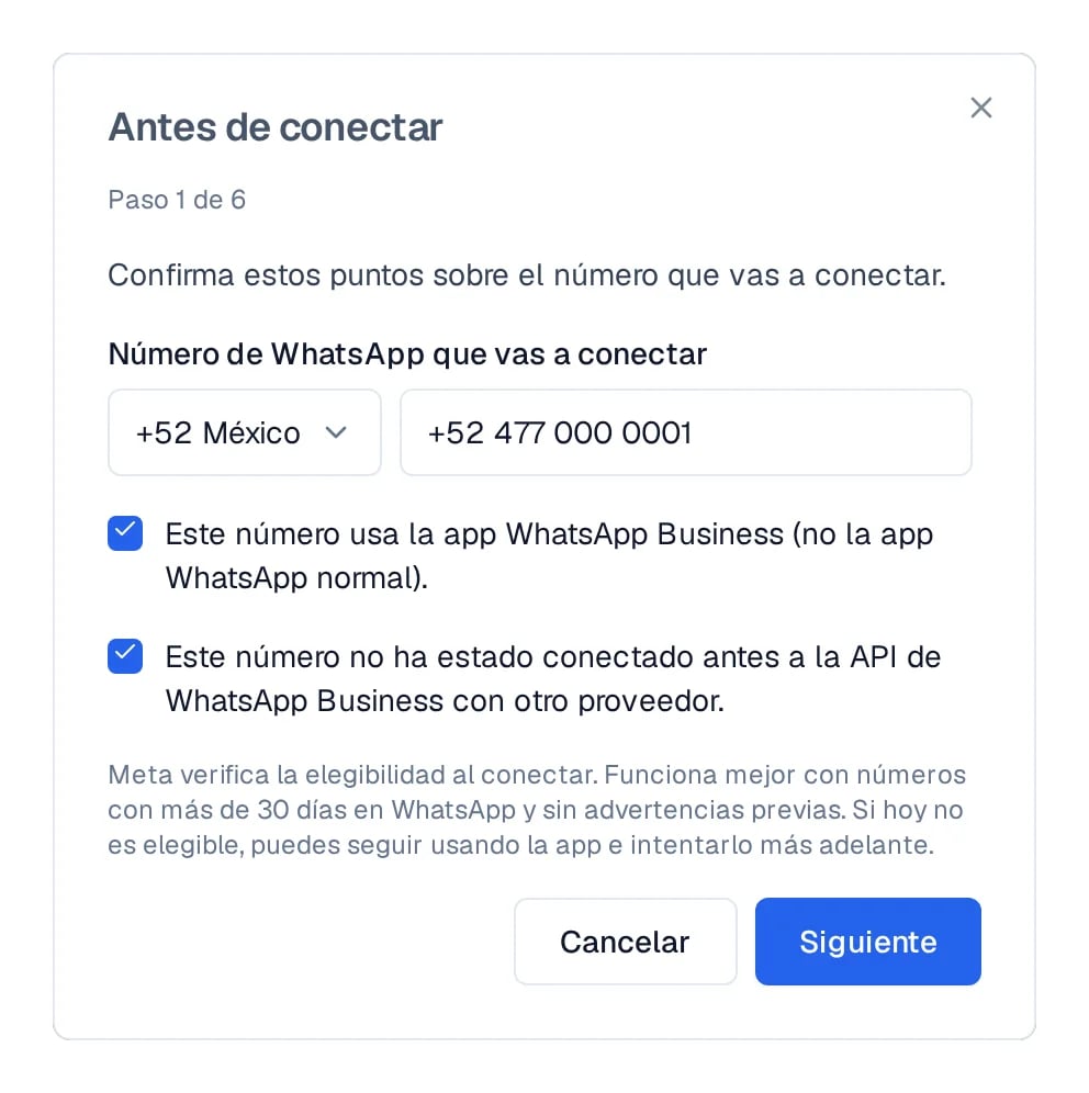Primera pantalla del asistente con el número capturado y las dos casillas de la revisión previa marcadas.