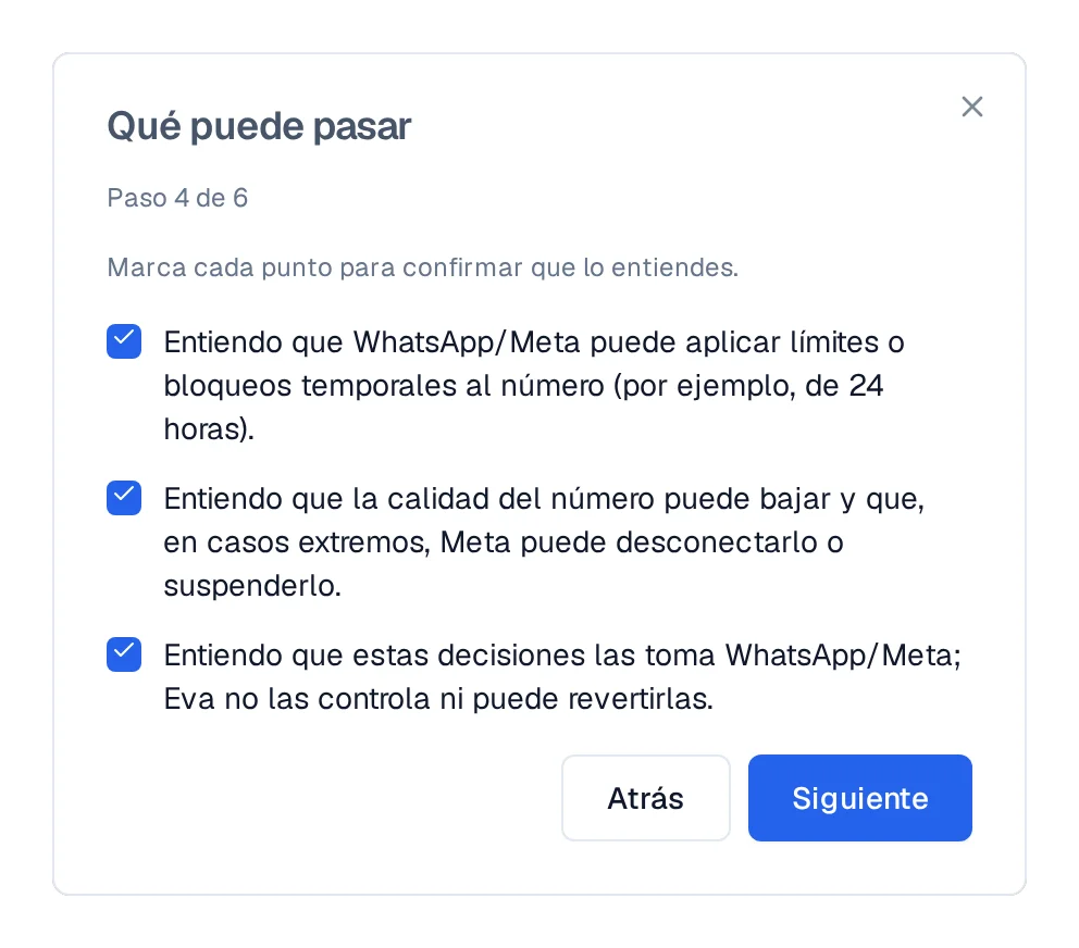 Pantalla Qué puede pasar con las tres confirmaciones de riesgo marcadas: límites, calidad del número y decisiones de Meta.