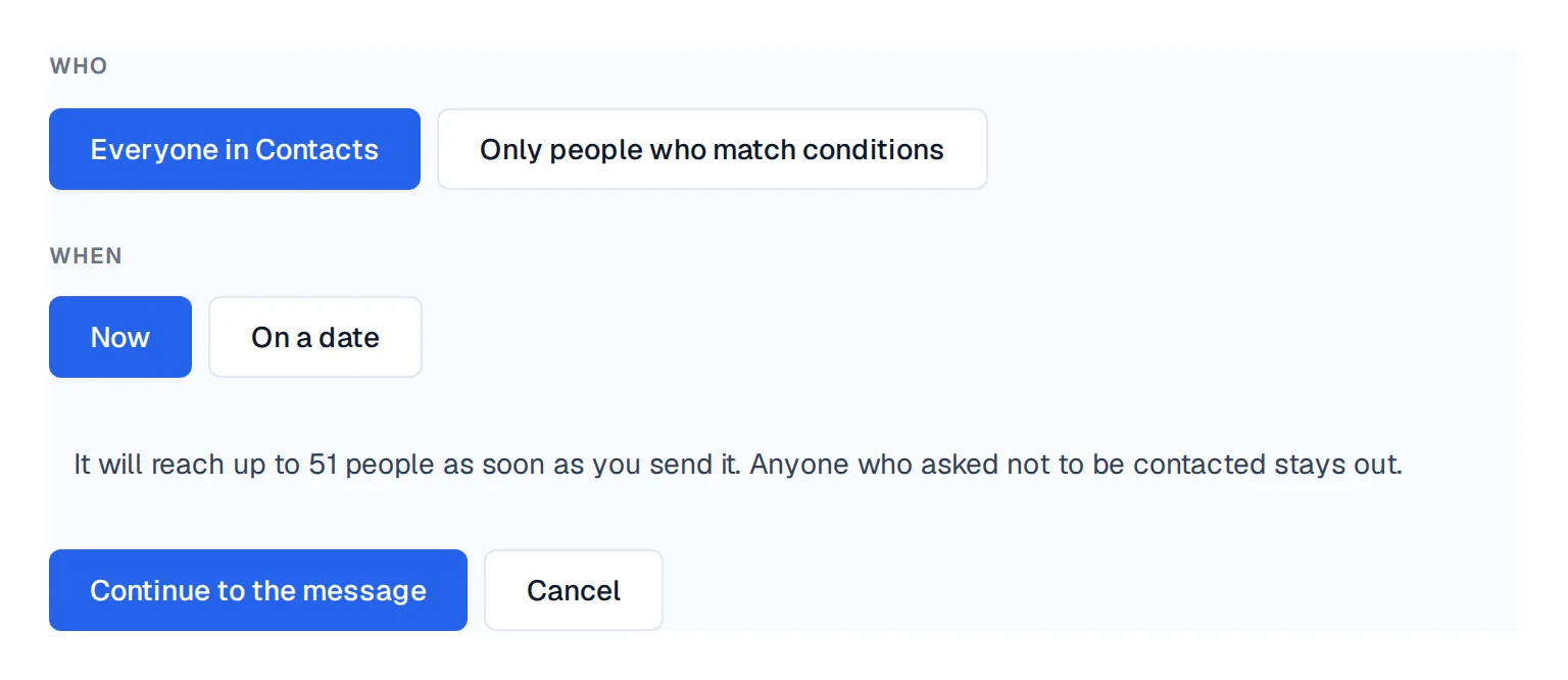 The Who and When screen, with the sentence that says how many people it will reach.