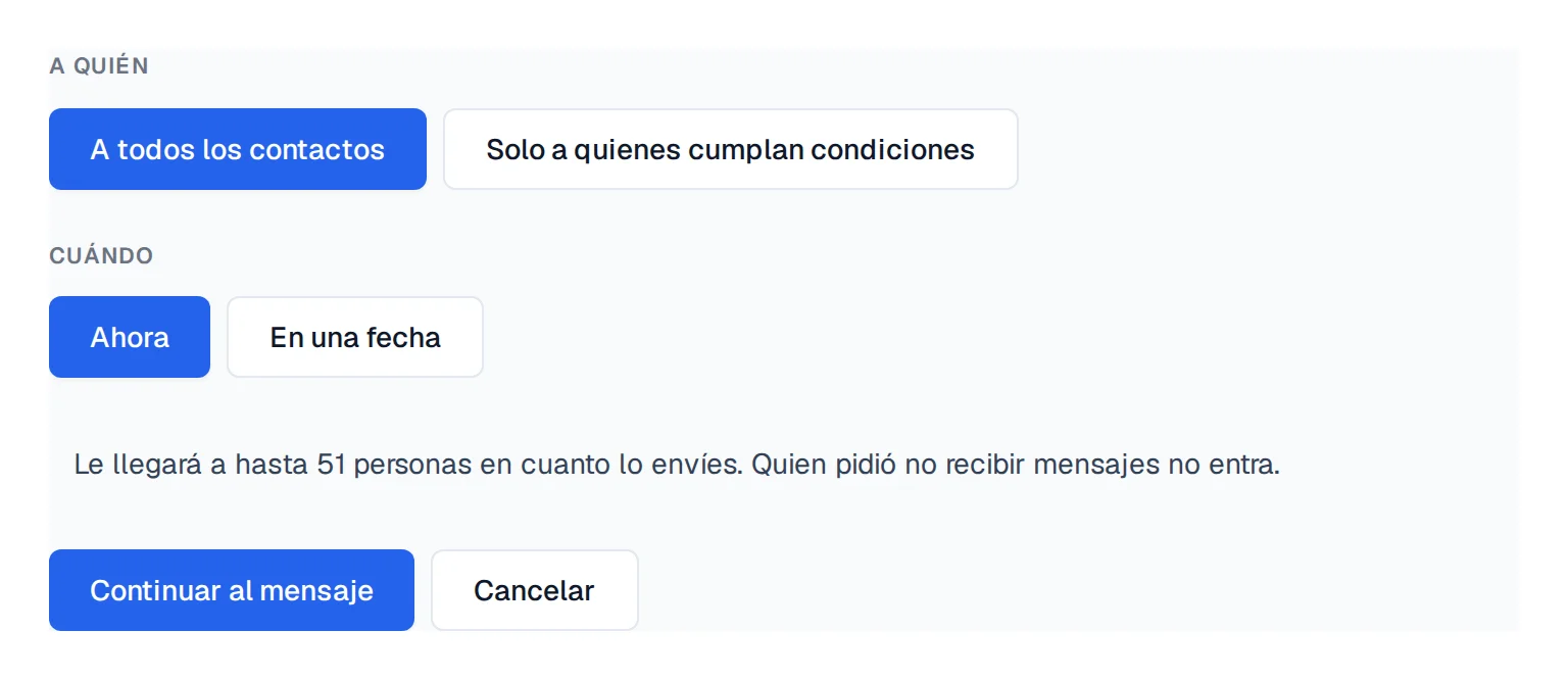 La pantalla A quién y Cuándo, con la frase que dice a cuántas personas les llegará.
