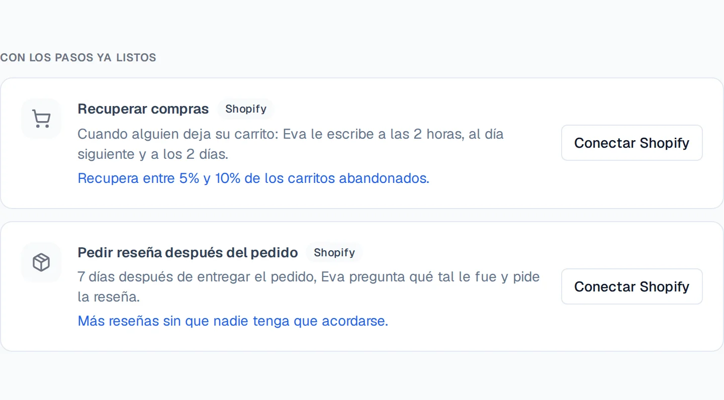 Las recetas Recuperar compras y Pedir reseña después del pedido, cada una con lo que hace.