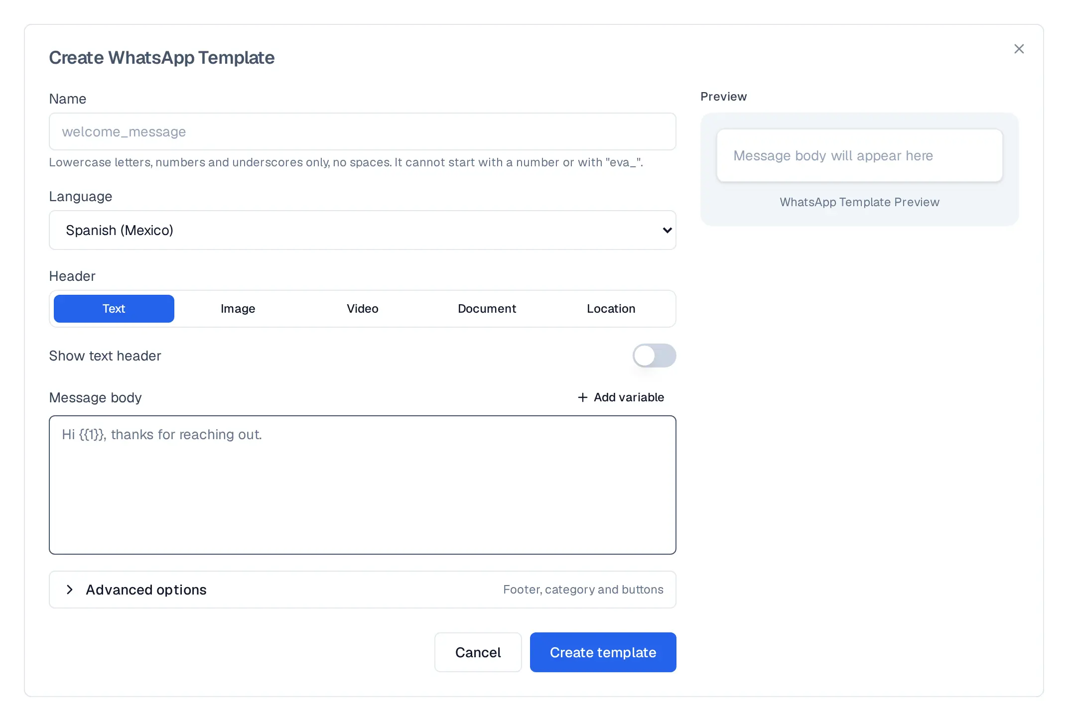 Template creator with Text, Image, Video, and Document tabs beside the live preview.