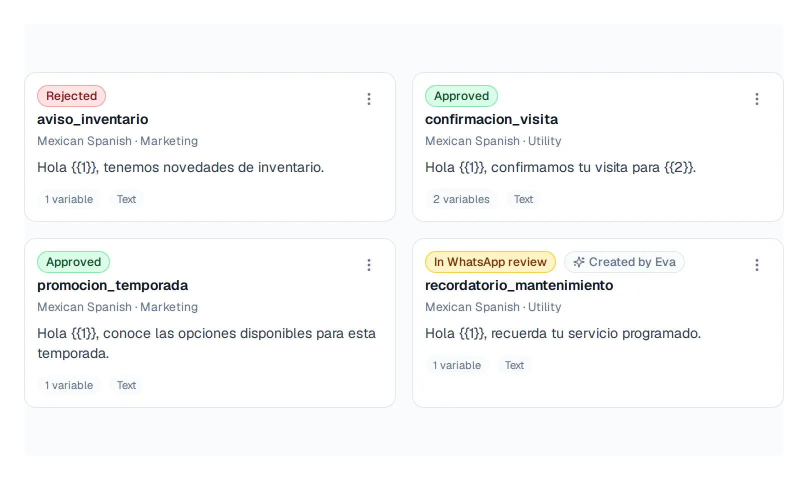 Templates with Approved, In WhatsApp approval, and Rejected statuses.