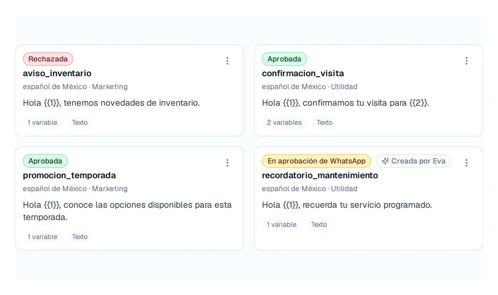 Plantillas con estados Aprobada, En aprobación de WhatsApp y Rechazada.