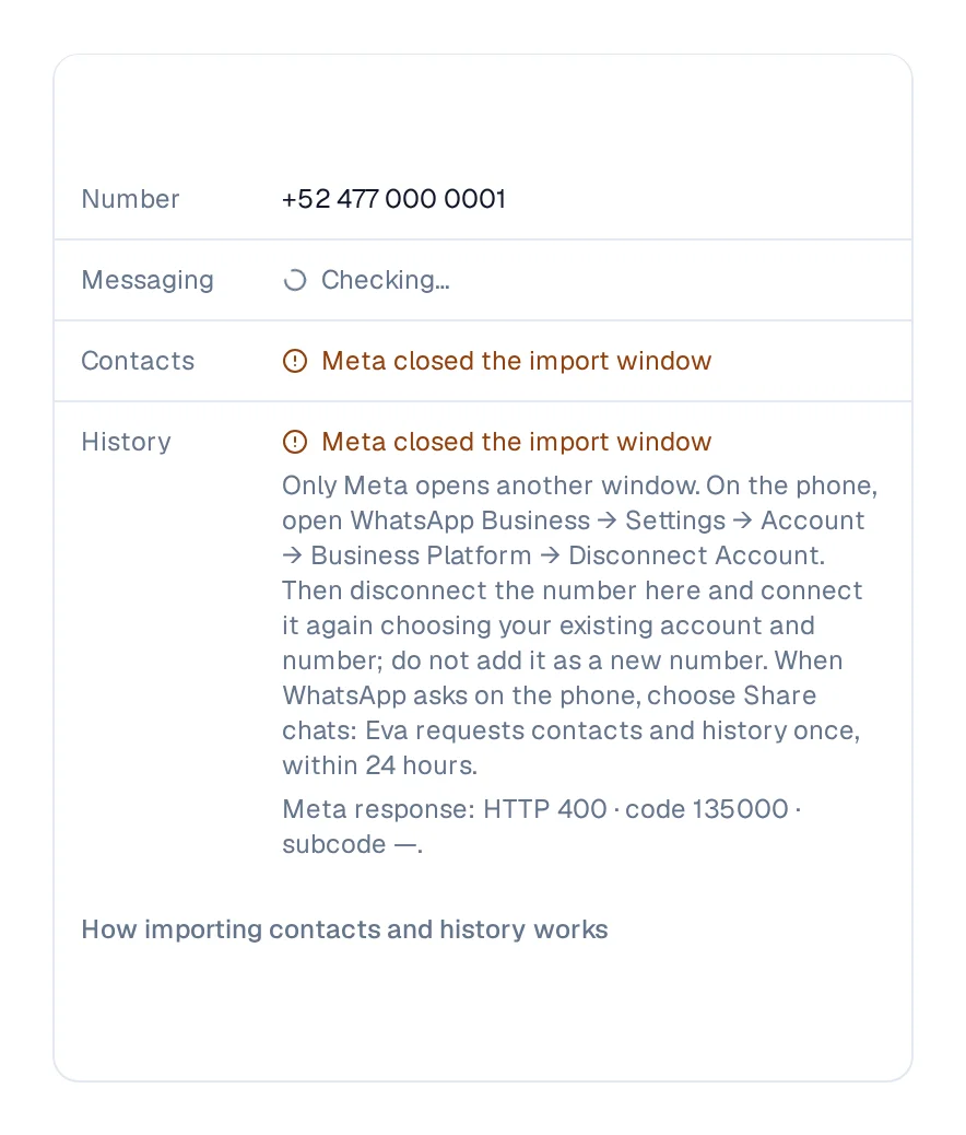 Contacts and History marked with Meta closed the import window, and the number untouched.