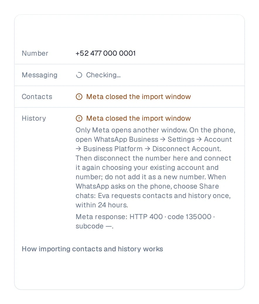 Contacts and History marked with Meta closed the import window, and the number untouched.
