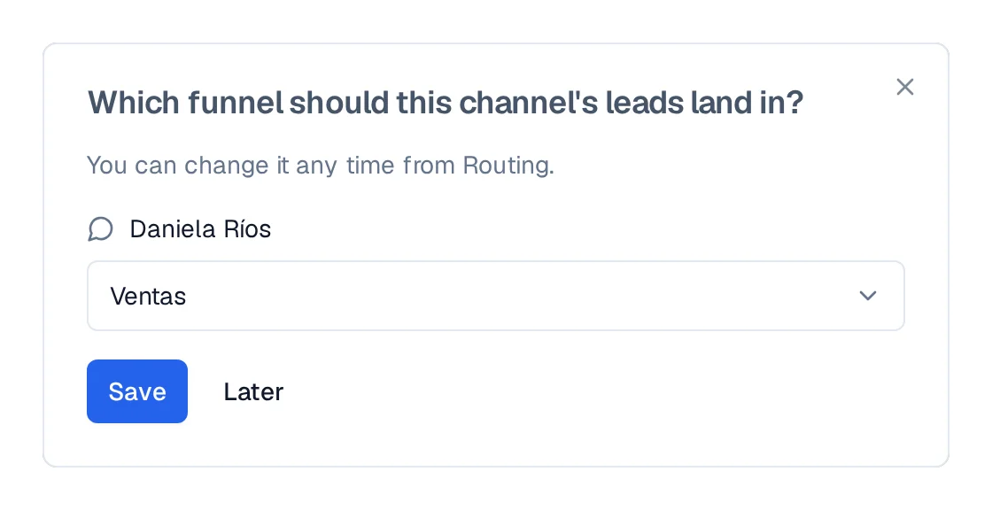 The pipeline question with the channel, the list of pipelines, and the Save and Later options.