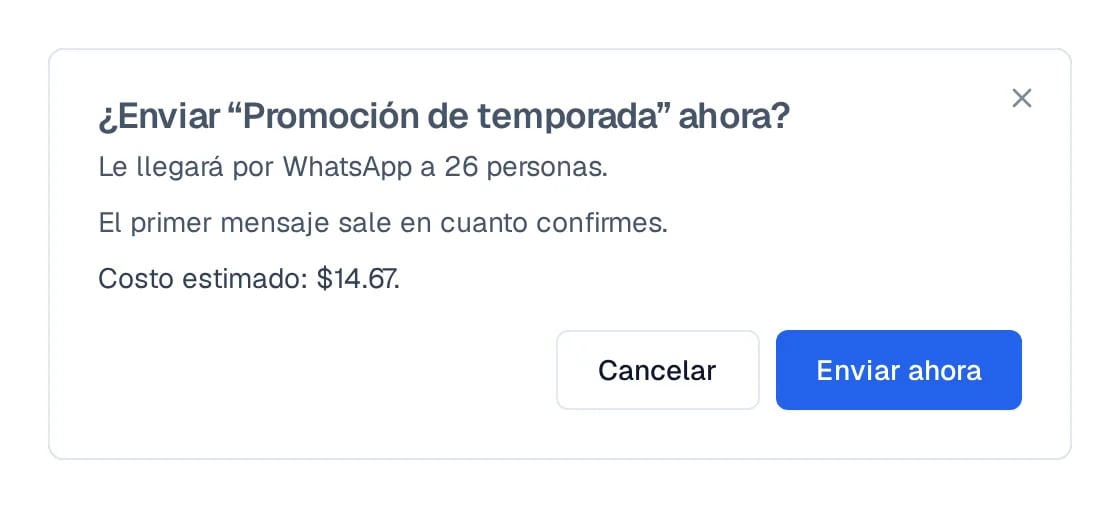 A cuántas personas llega el envío, cuándo sale el primer mensaje y el costo estimado.