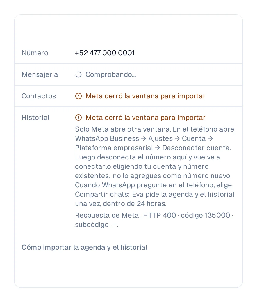 Contactos e Historial marcados con Meta cerró la ventana para importar, y el número intacto.