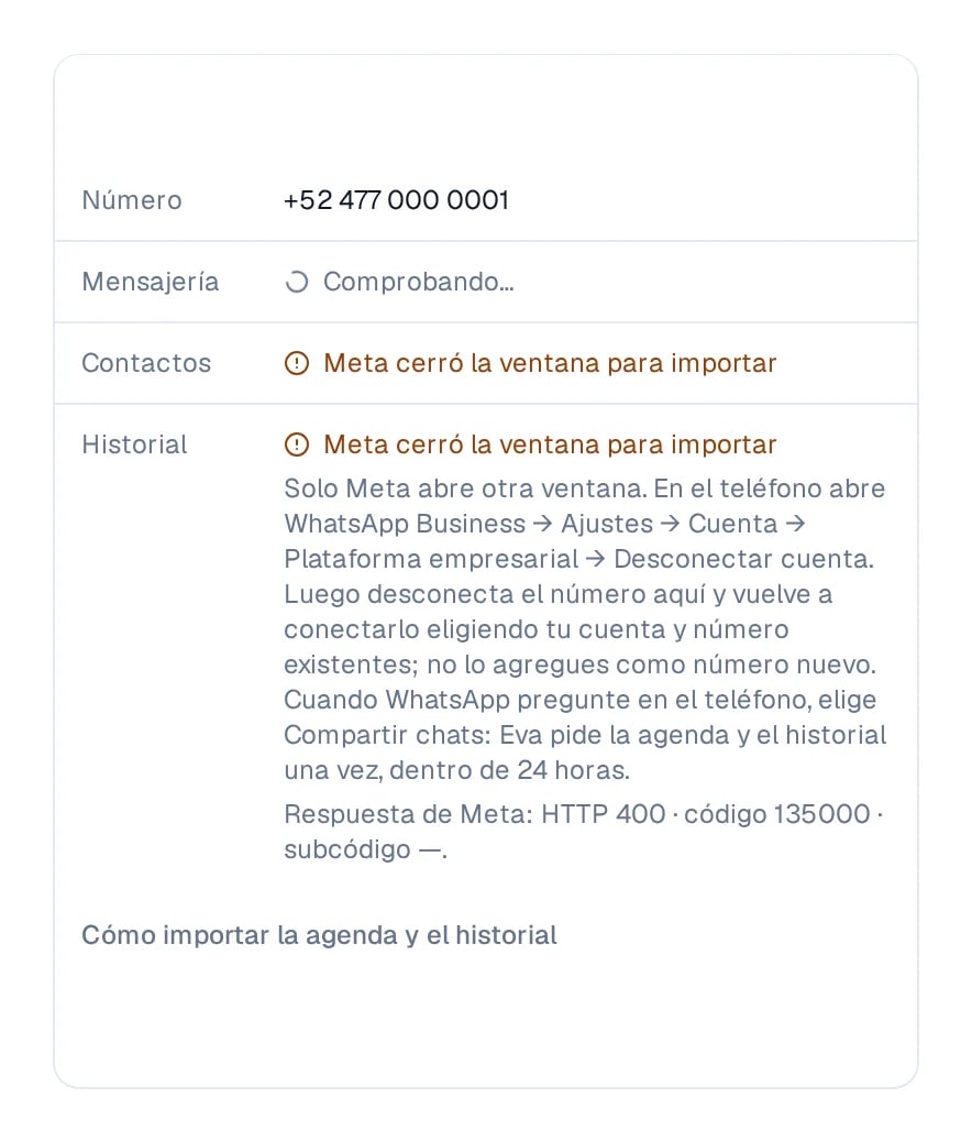 Contactos e Historial marcados con Meta cerró la ventana para importar, y el número intacto.