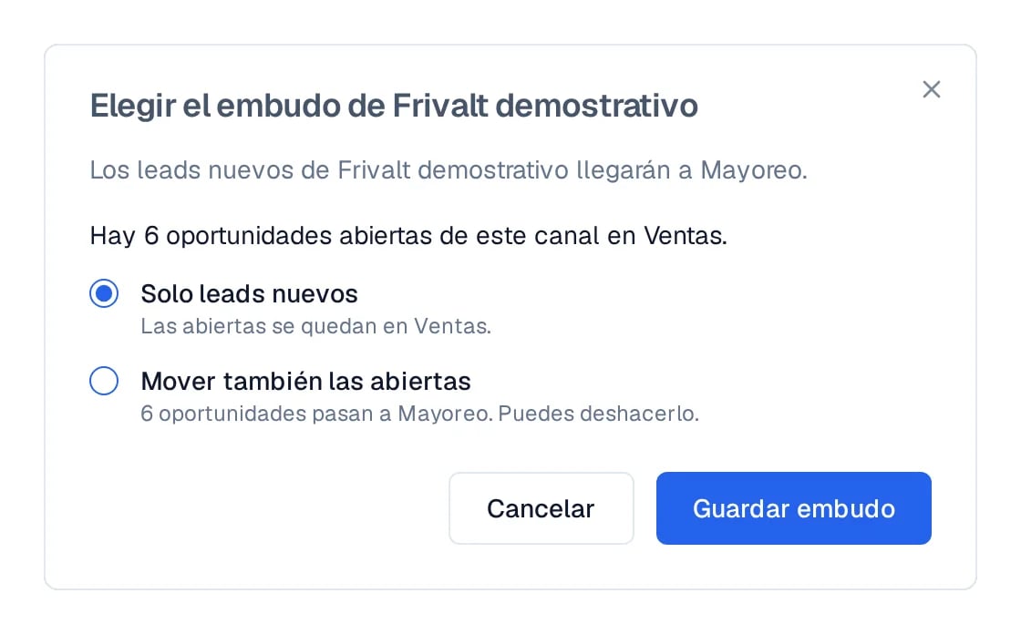 El conteo de oportunidades abiertas y la opción de moverlas o dejarlas donde están.