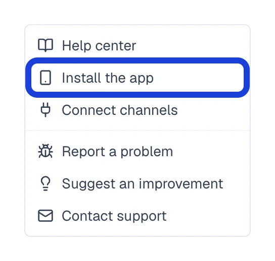 Eva's help menu with the Install the app option marked.