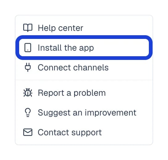 Eva's help menu with the Install the app option marked.