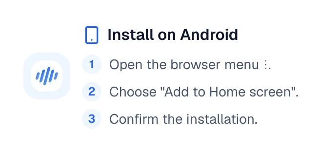The install screen on Android, with the three steps for the browser menu.