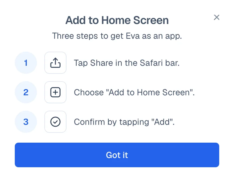 Eva's guide with three steps: Share, Add to Home Screen and confirm with Add.