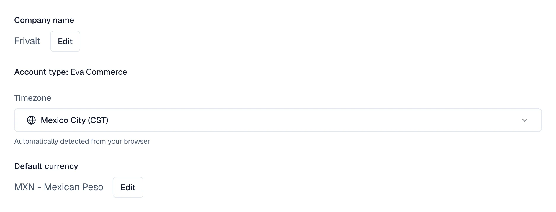 Company name, timezone, and default currency, each with its own control to edit it.