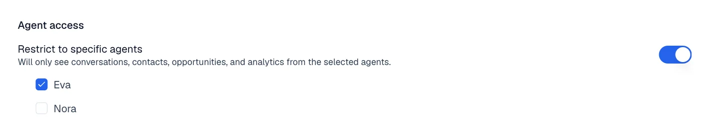 The Restrict to specific agents switch turned on, with the checkbox for the agent Eva below it.