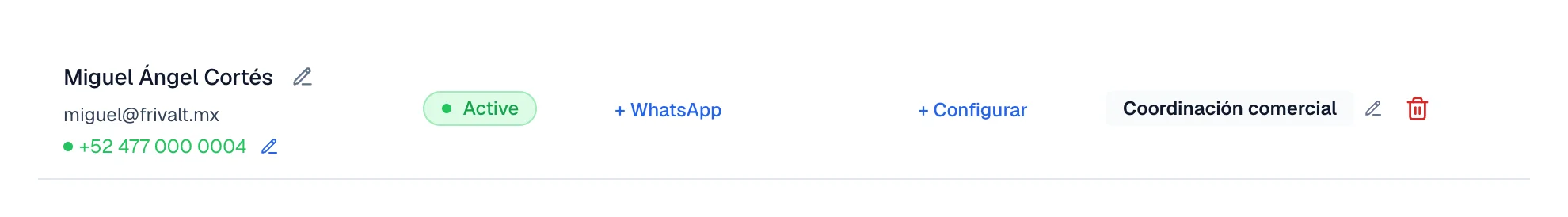 A teammate's row with their email, phone, Active label, and their role on the far right.