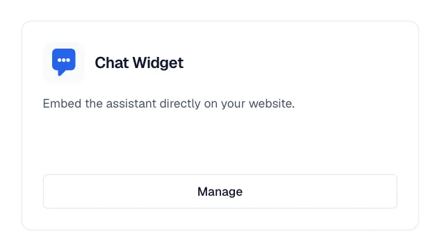 Chat Widget card showing the Domain setup required badge and the Manage button.