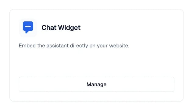 Chat Widget card showing the Domain setup required badge and the Manage button.