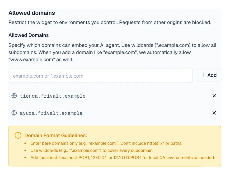 Allowed domains block with the domain field, the Add button and the empty list.