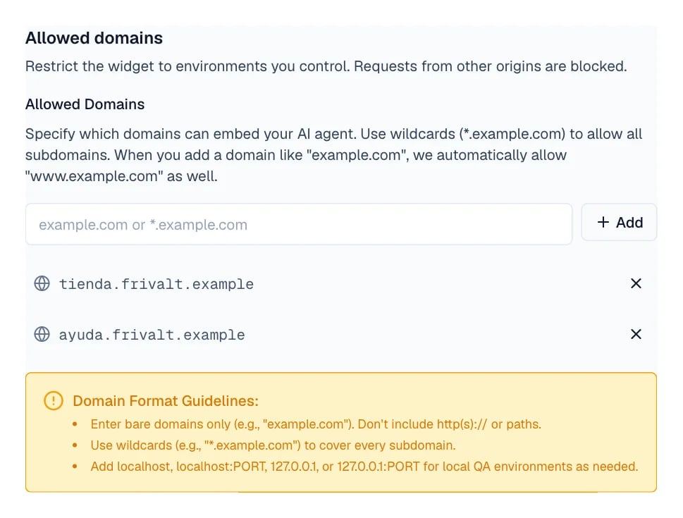 Allowed domains block with the domain field, the Add button and the empty list.