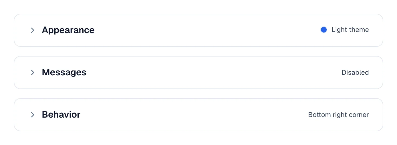 The Appearance, Messages and Behavior blocks closed, each with its summary on the right.