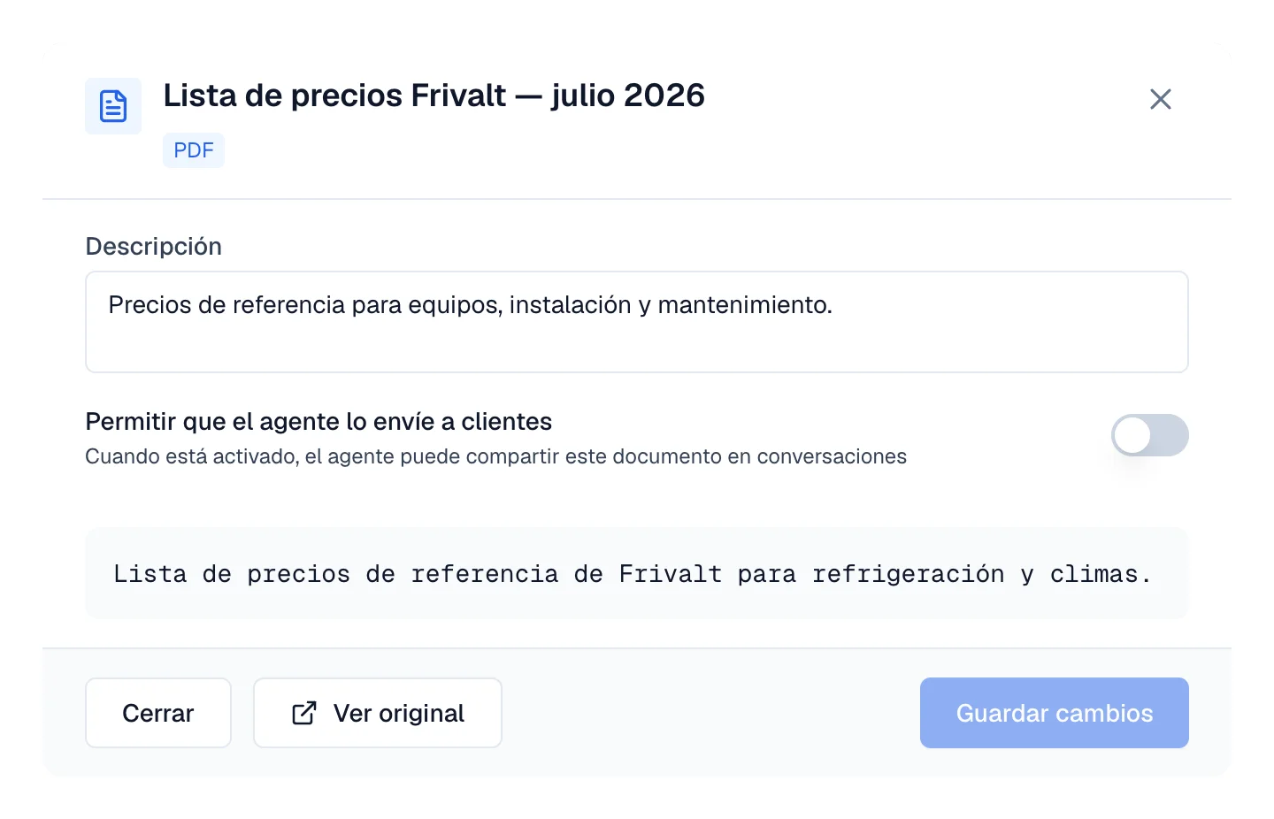 Detalle del documento con el interruptor Permitir que el agente lo envíe a clientes.