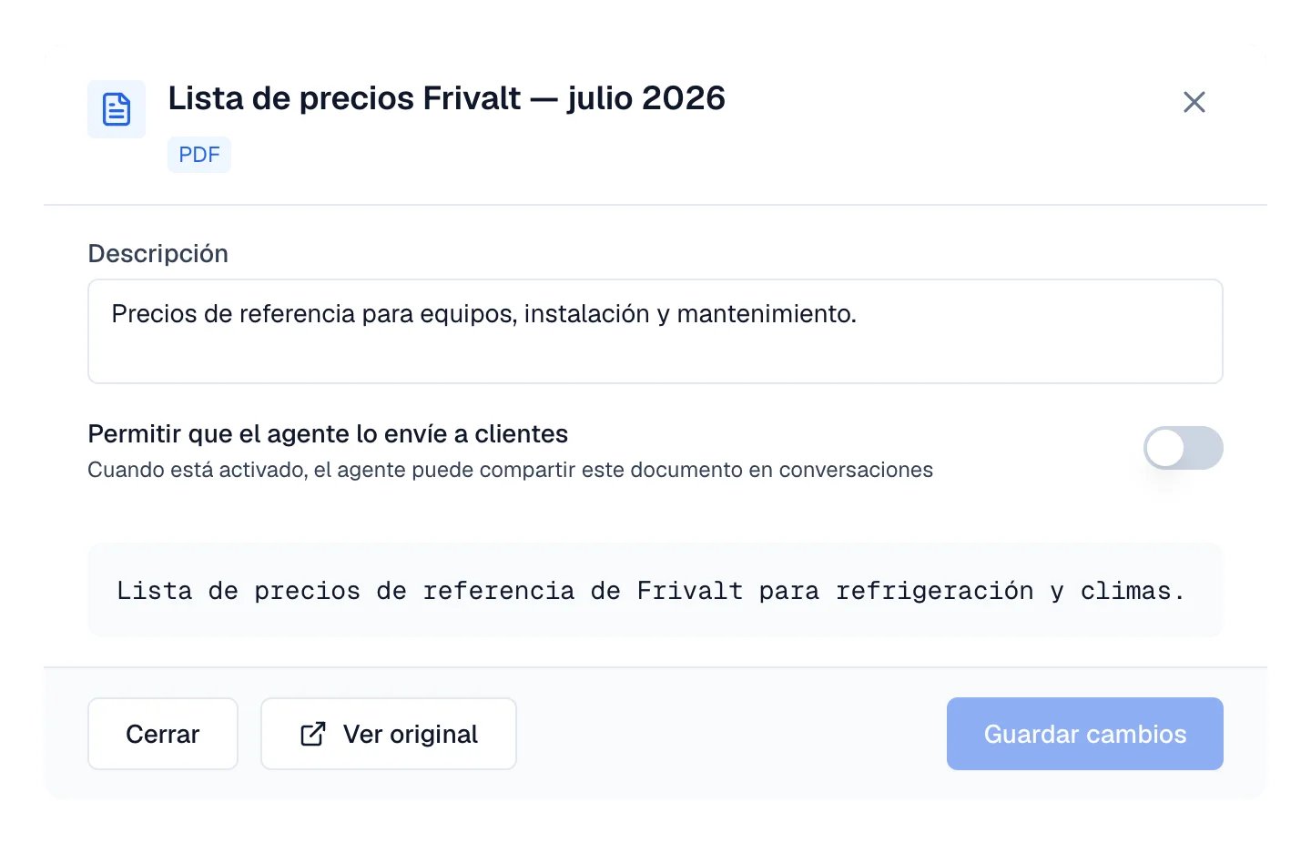 Detalle del documento con el interruptor Permitir que el agente lo envíe a clientes.