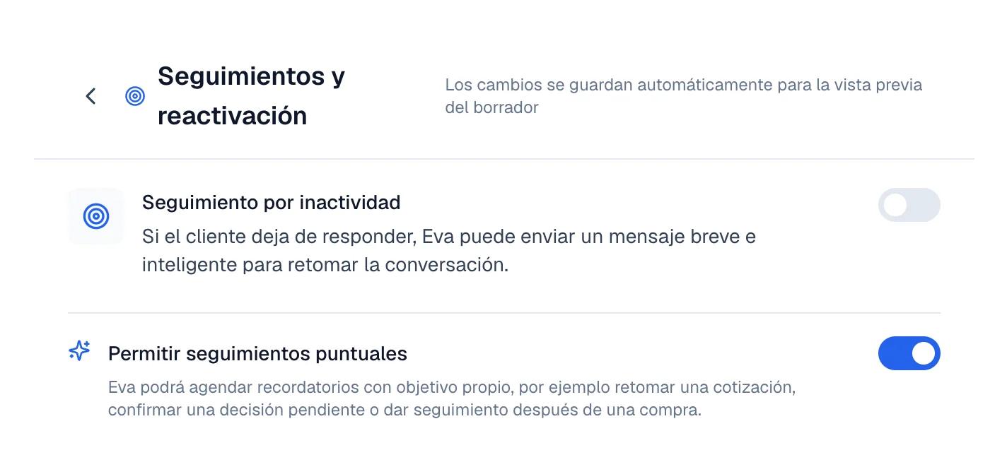 Seguimiento por inactividad y Permitir seguimientos puntuales, ambos apagados.