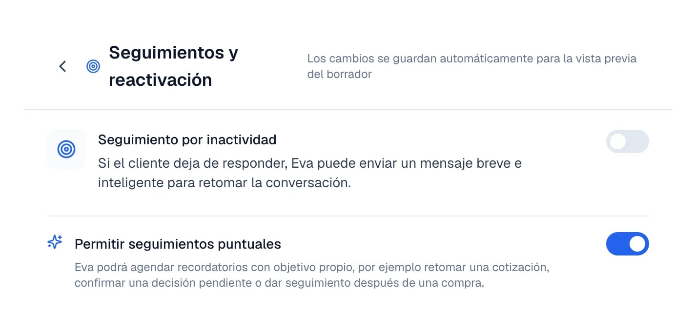 Seguimiento por inactividad y Permitir seguimientos puntuales, ambos apagados.