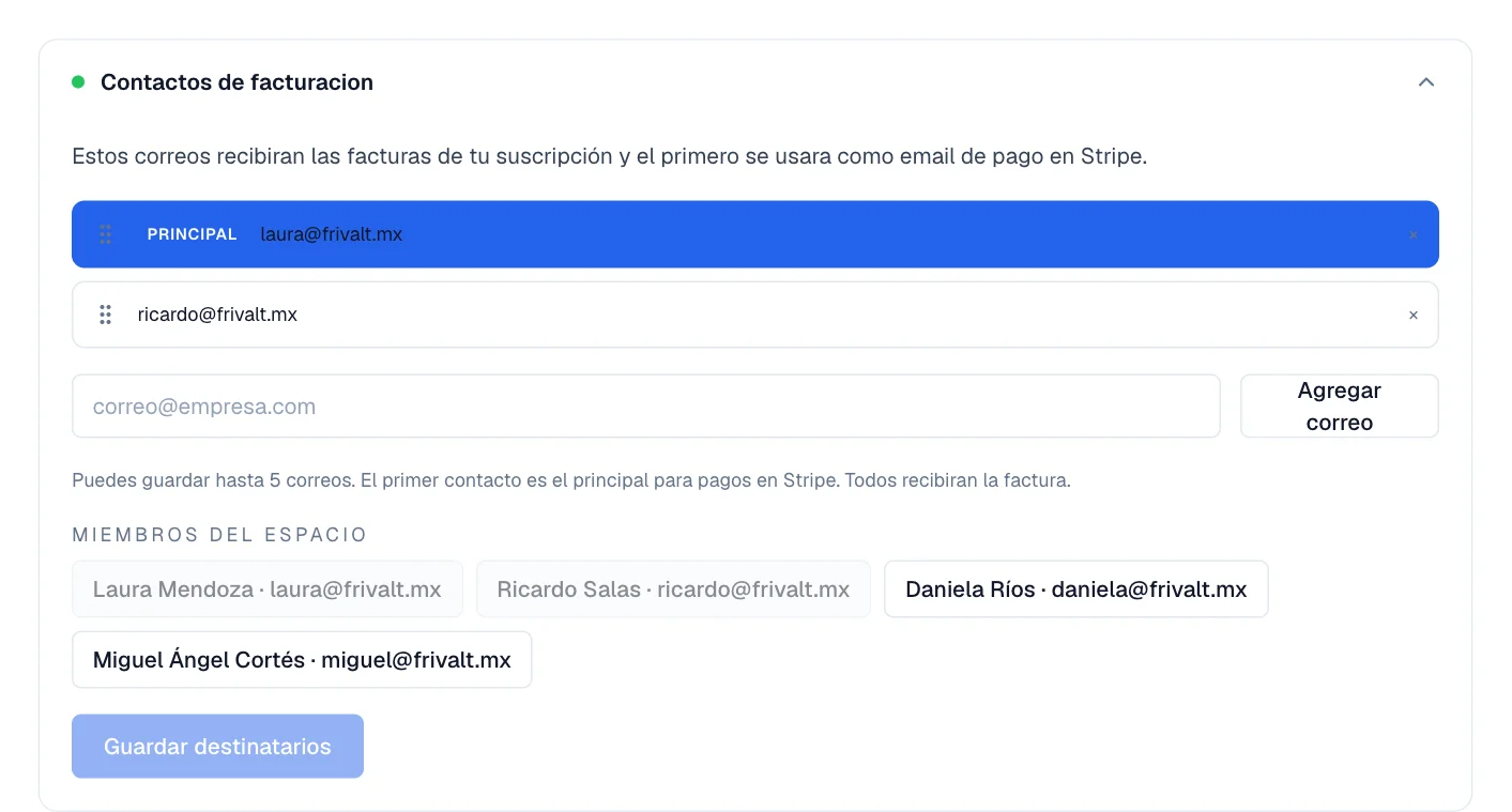 La sección de contactos de facturación con dos correos guardados y el botón Guardar destinatarios.