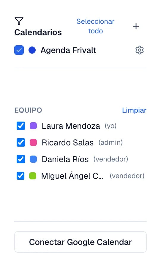 Renglón de Equipo con Sin Google y el botón Conectar mi Google.
