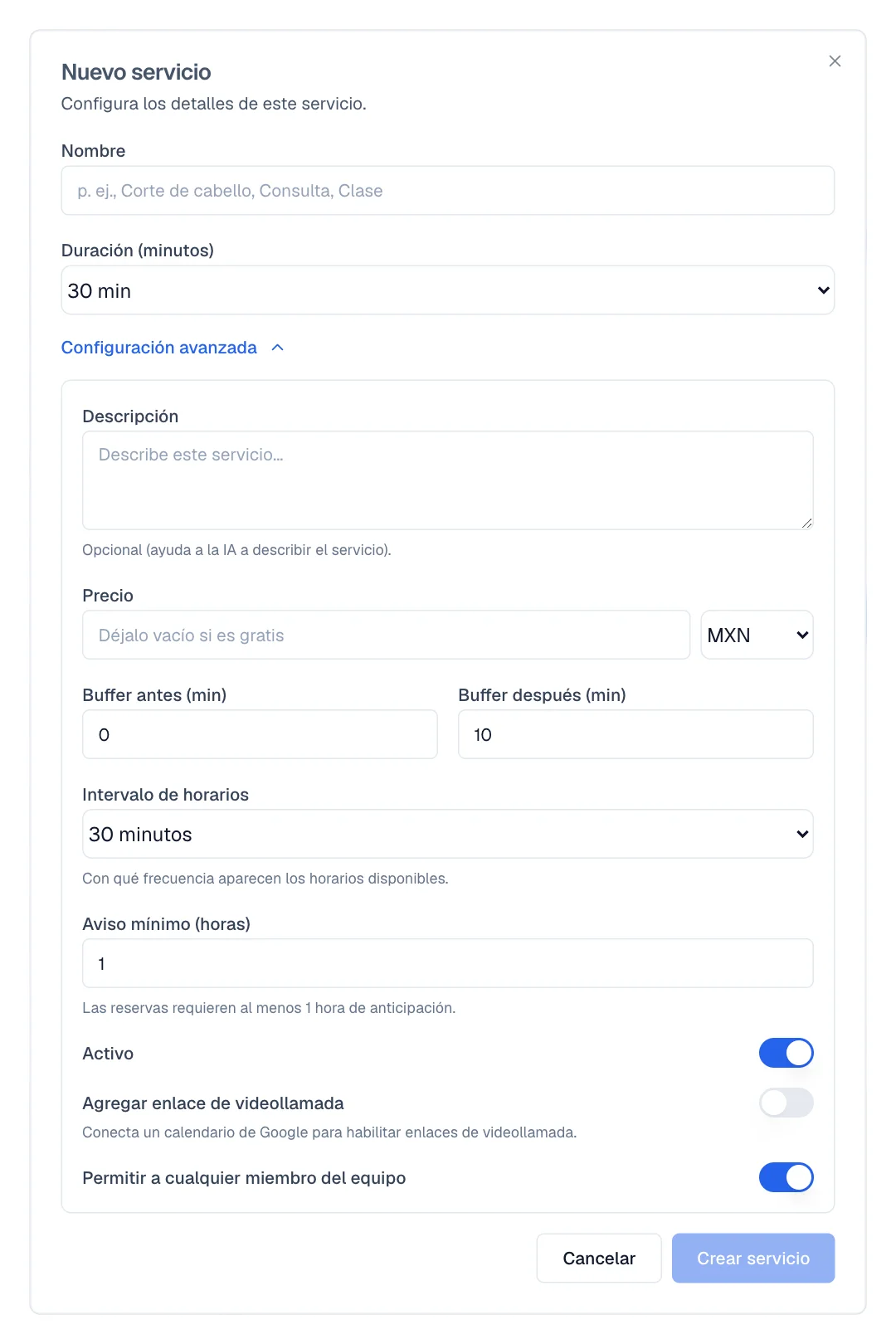 Ajustes avanzados del tipo de cita con Precio, Tiempo libre antes, Mostrar horarios cada y Aviso mínimo.