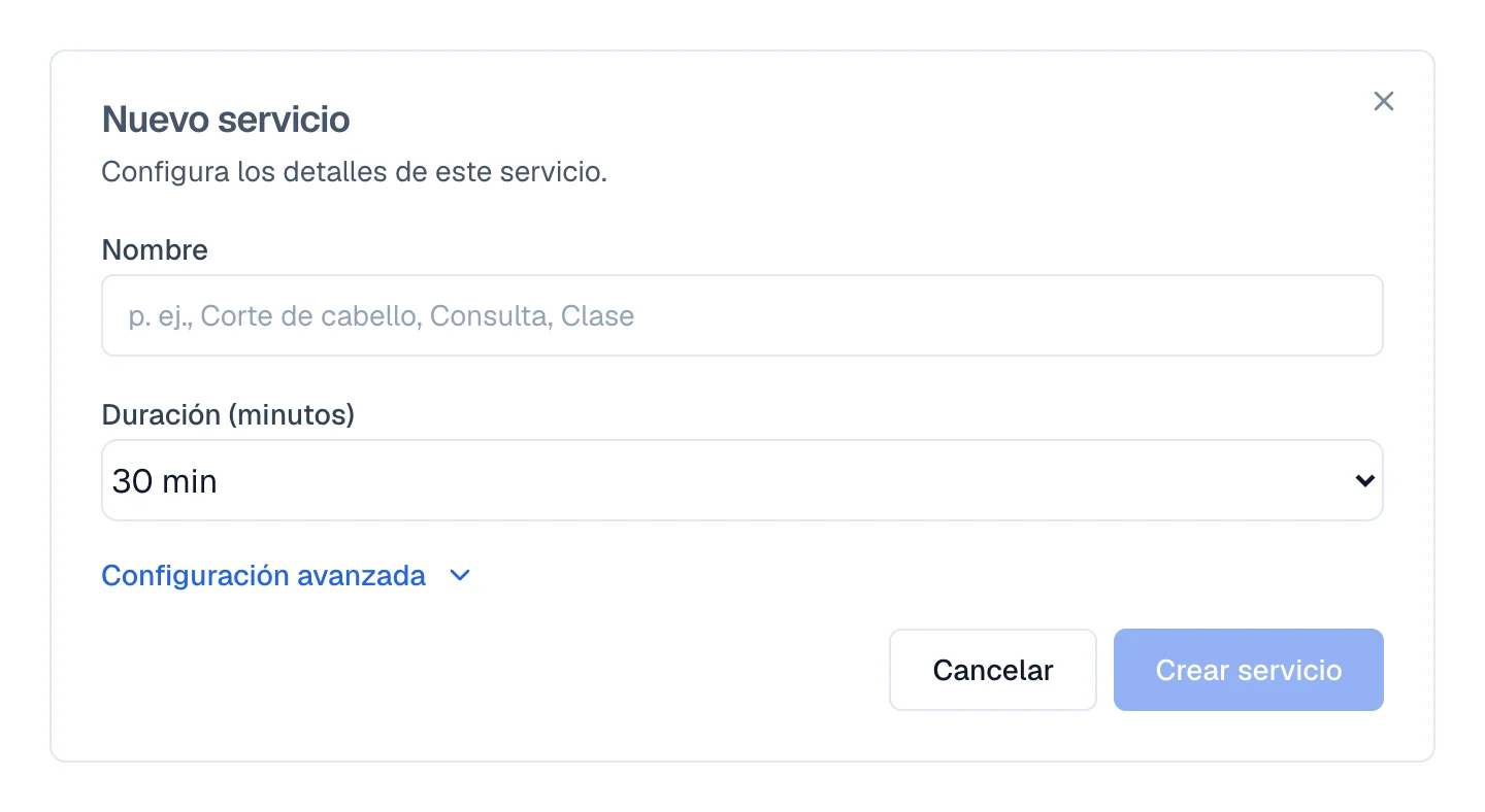 Formulario Nuevo tipo de cita con Nombre y Duración.