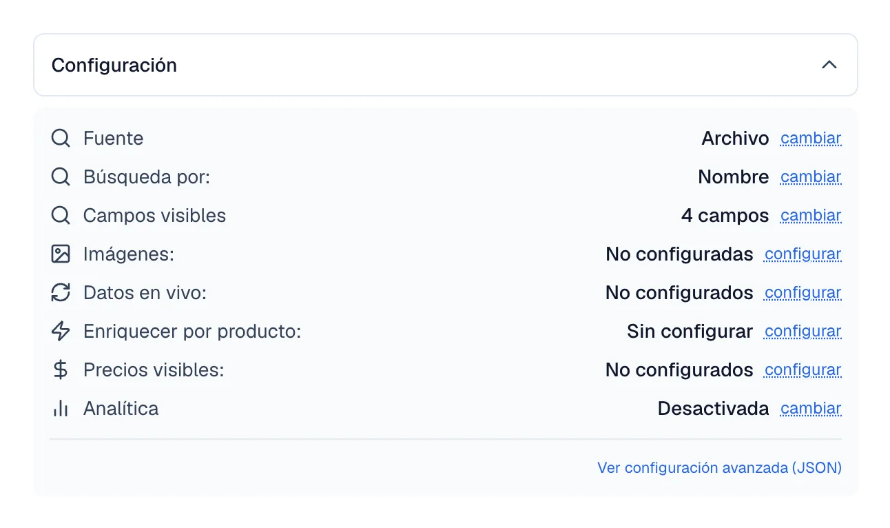 Configuración del catálogo con Fuente en Archivo y Búsqueda por en Nombre.