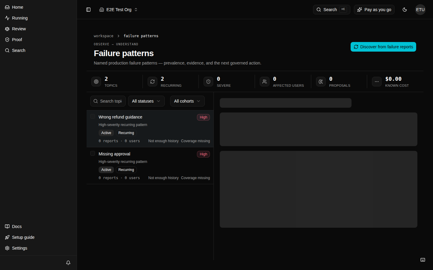 A screenshot of Failure patterns with why-it-matters rows and Coverage missing next-state cues.
