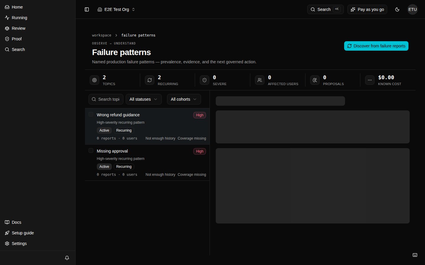 A screenshot of Failure patterns with why-it-matters rows and Coverage missing next-state cues.