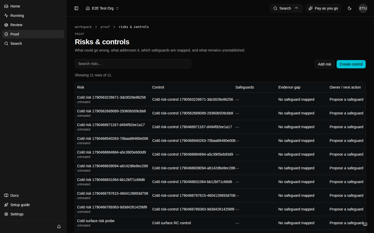 A screenshot of the Risks & controls matrix with risk, control, safeguard, evidence gap, and next action columns.
