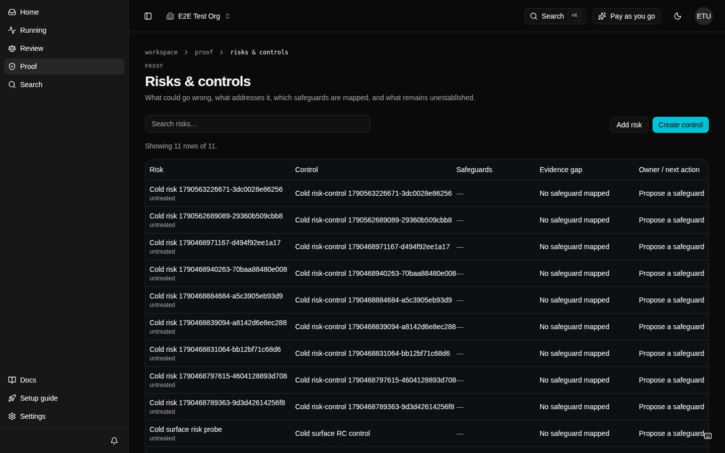 A screenshot of the Risks & controls matrix with risk, control, safeguard, evidence gap, and next action columns.