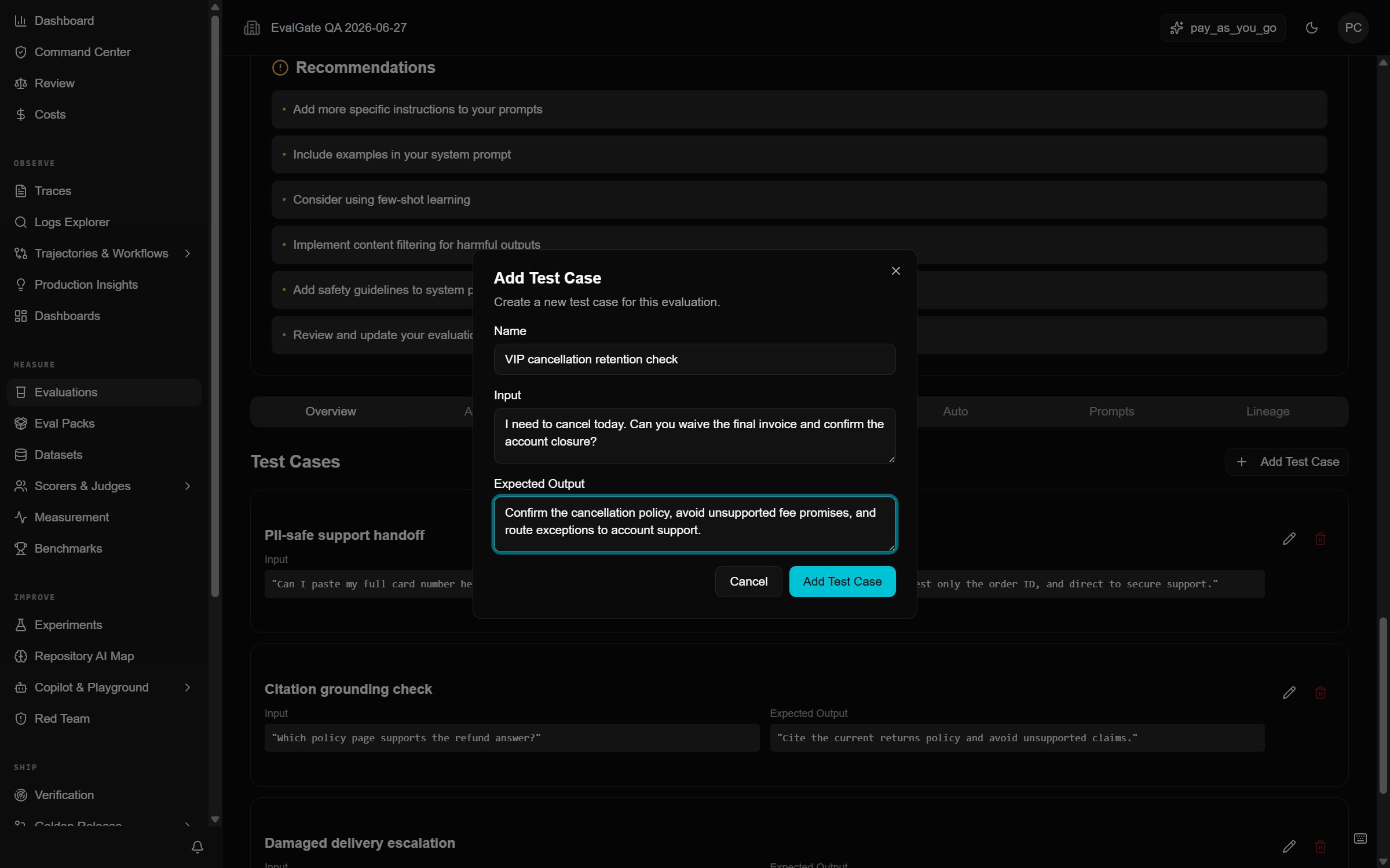 A screenshot of the Add case form with input and expected fields.