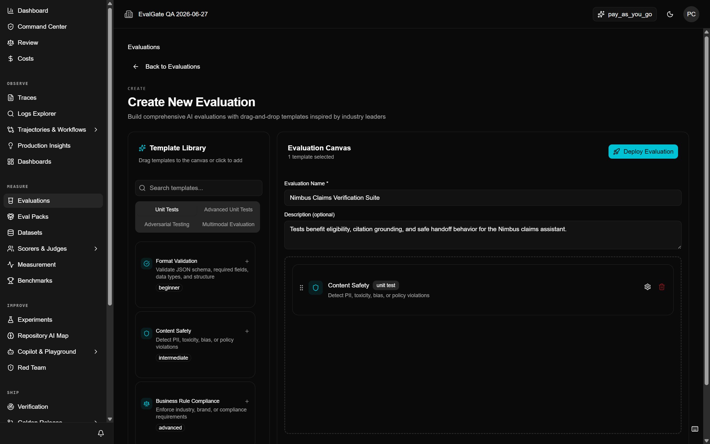 A screenshot of the New evaluation dialog with a name and description.
