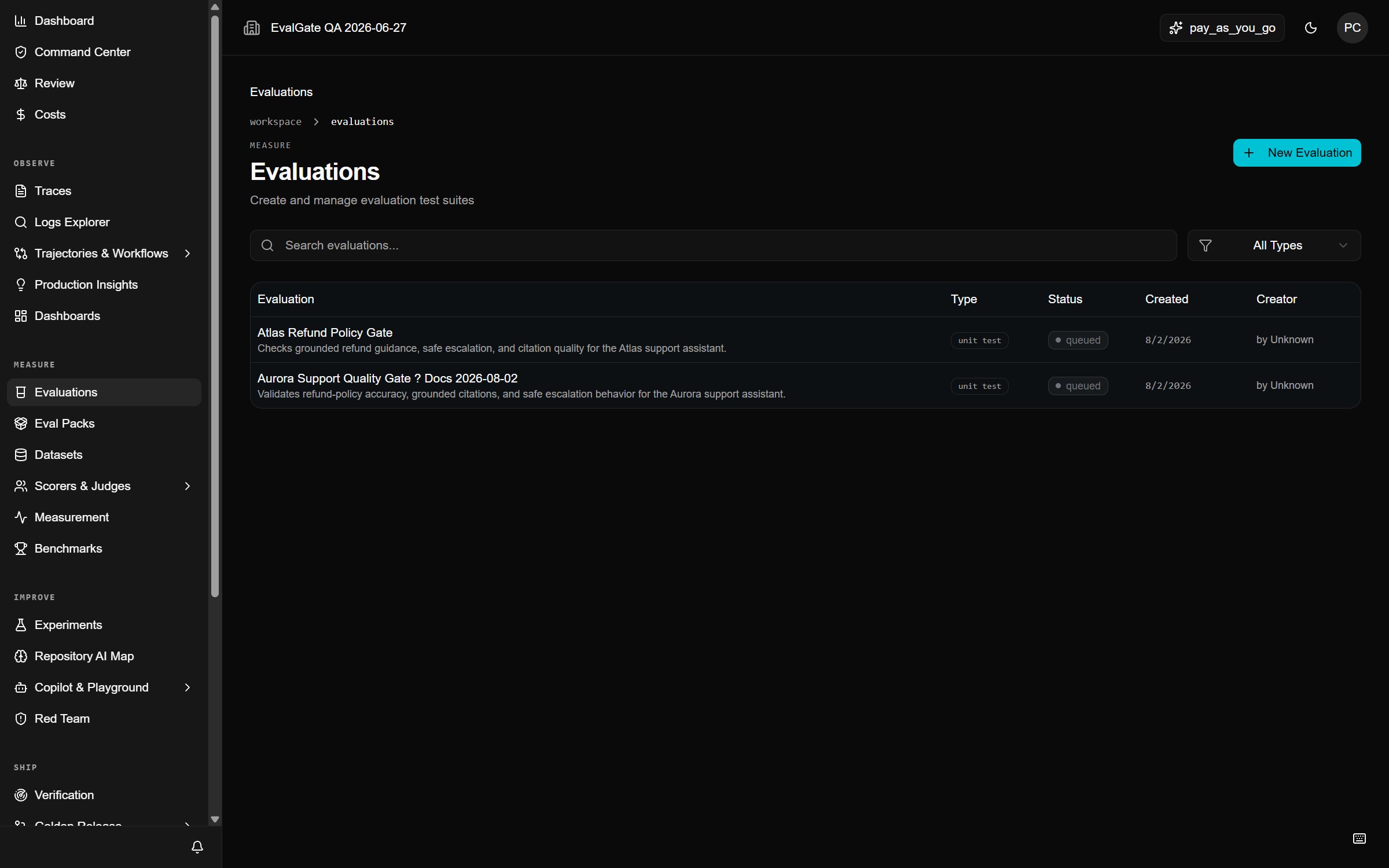 A screenshot of the Evaluations list with the New evaluation button highlighted.