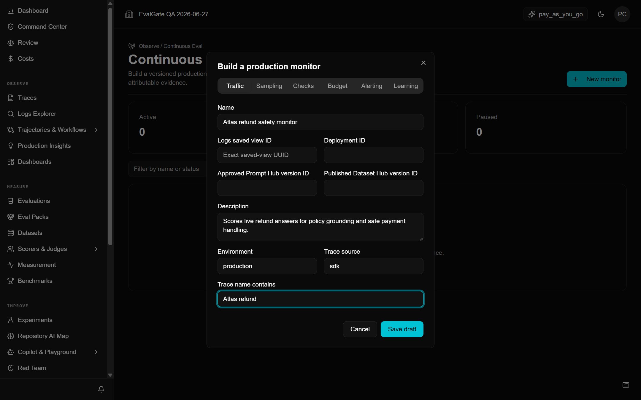 A screenshot of the monitor draft with sample, scorer, and threshold fields.