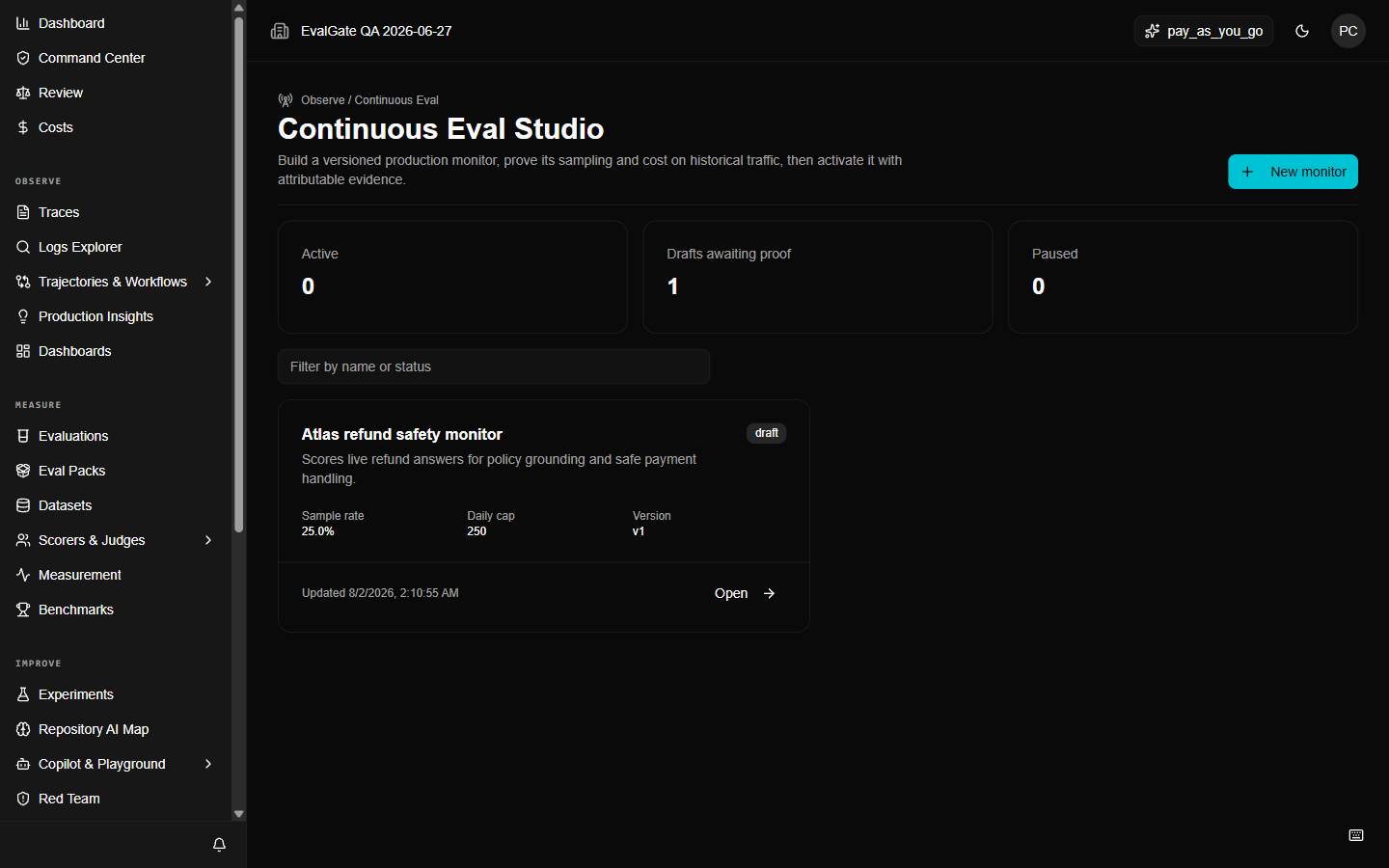 A screenshot of the Logs explorer with the Create draft monitor button.