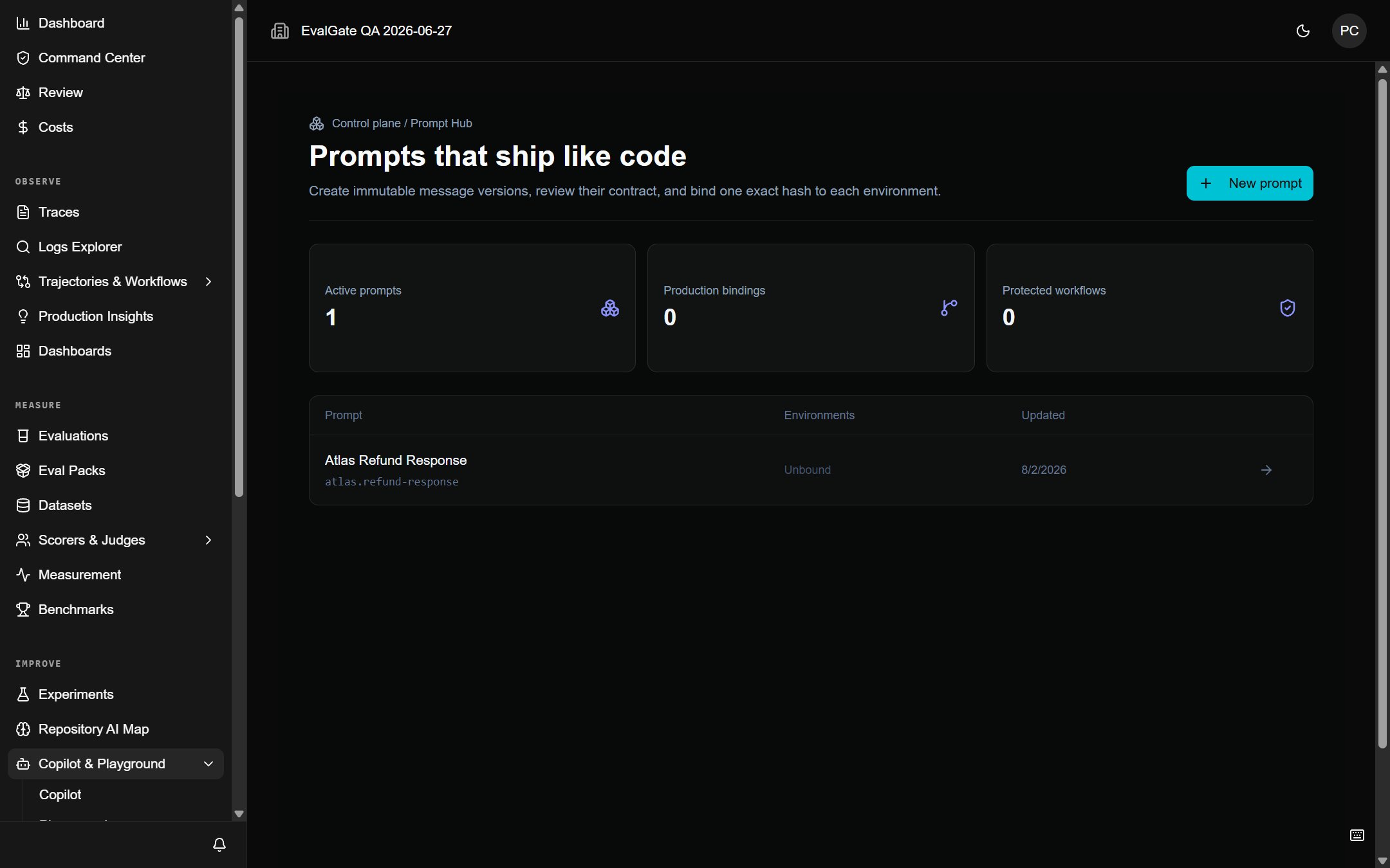 A screenshot of the Prompt Hub registry with the New prompt button.