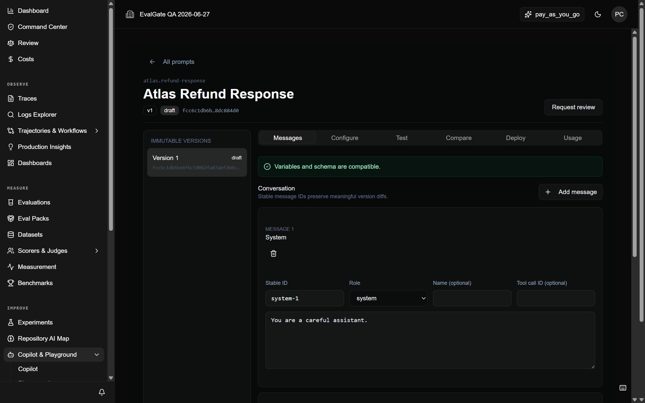 A screenshot of the prompt workbench with a system message and a variable.
