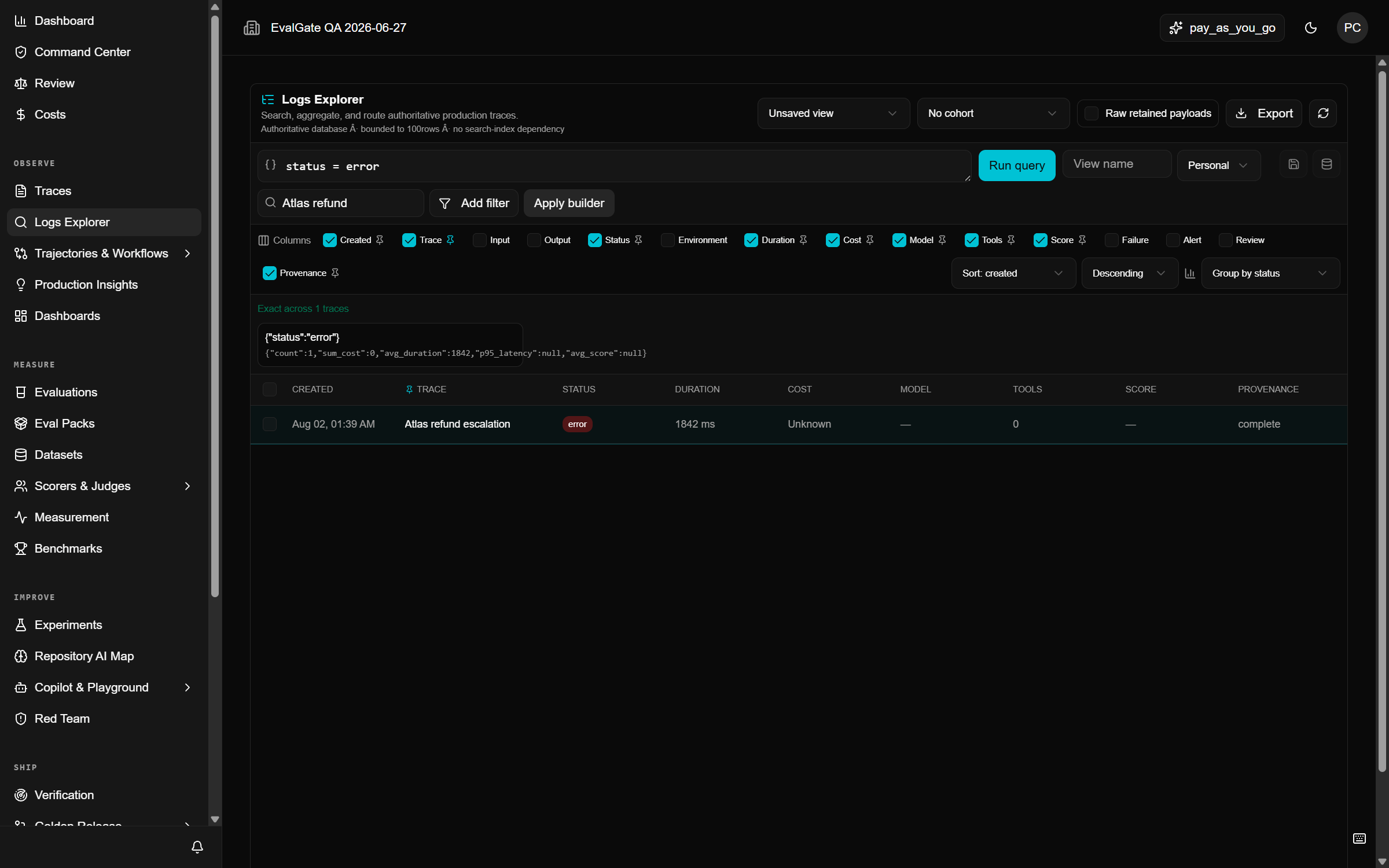A screenshot of the results grouped by failure category.