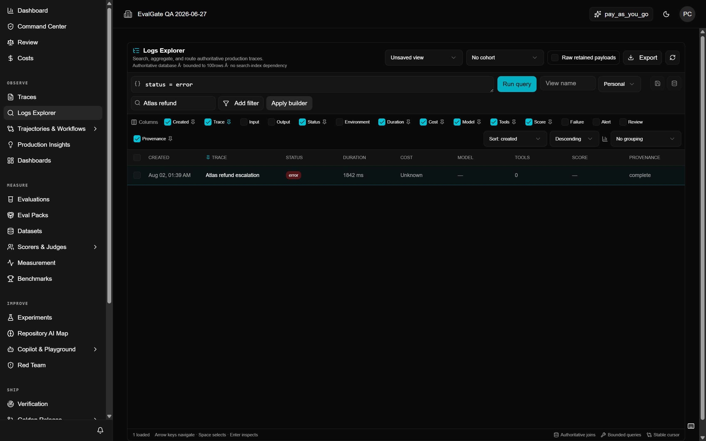 A screenshot of the logs explorer with a bounded query entered.