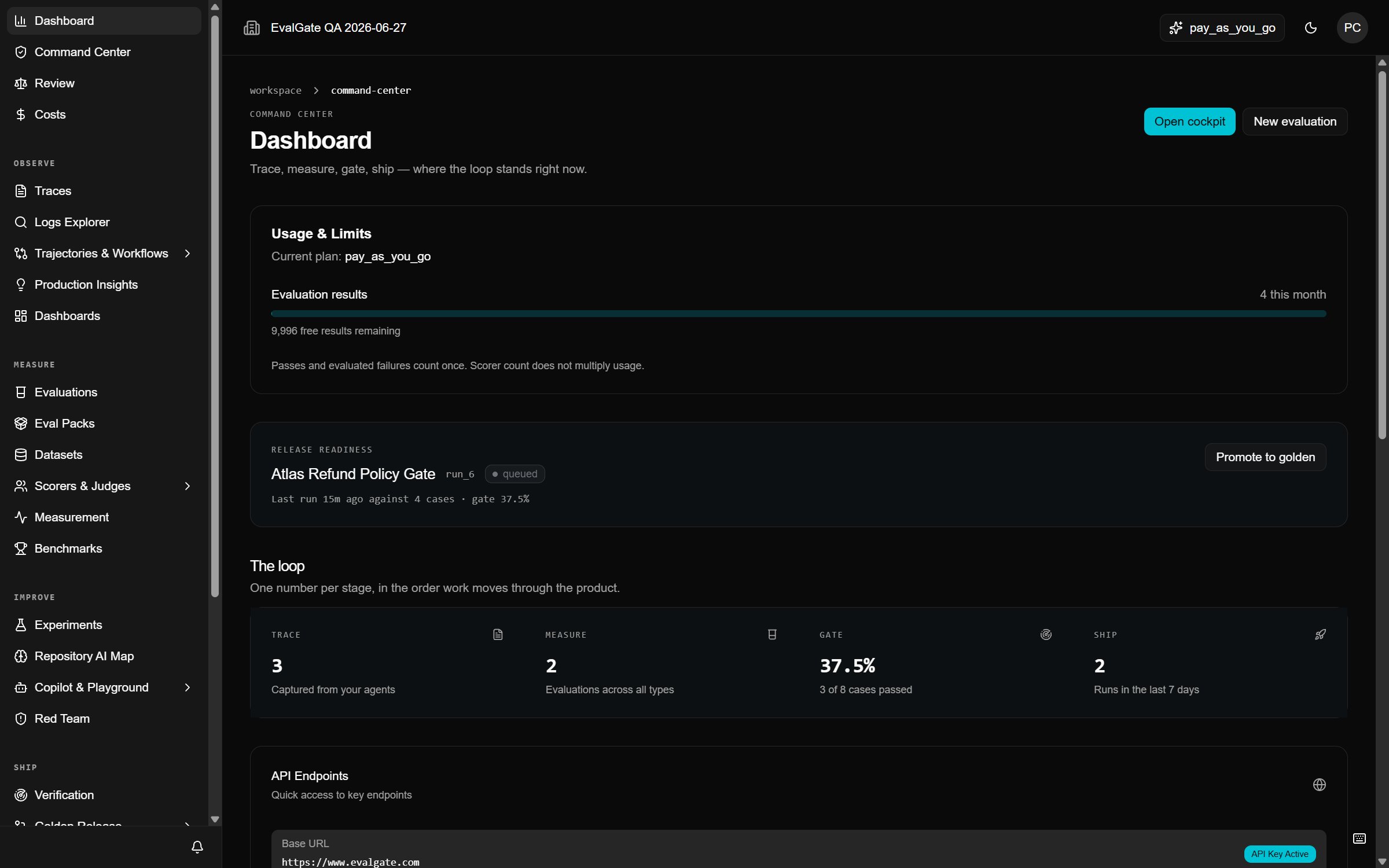 A screenshot of the EvalGate workspace showing the sidebar on the left and the main panel on the right.